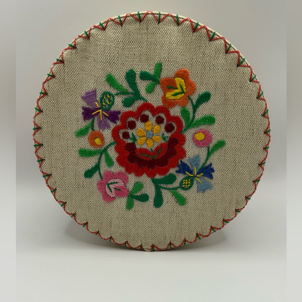 Vintage Embroidered Jewelry Trinket Box Round Floral Design Hand Made Hungary